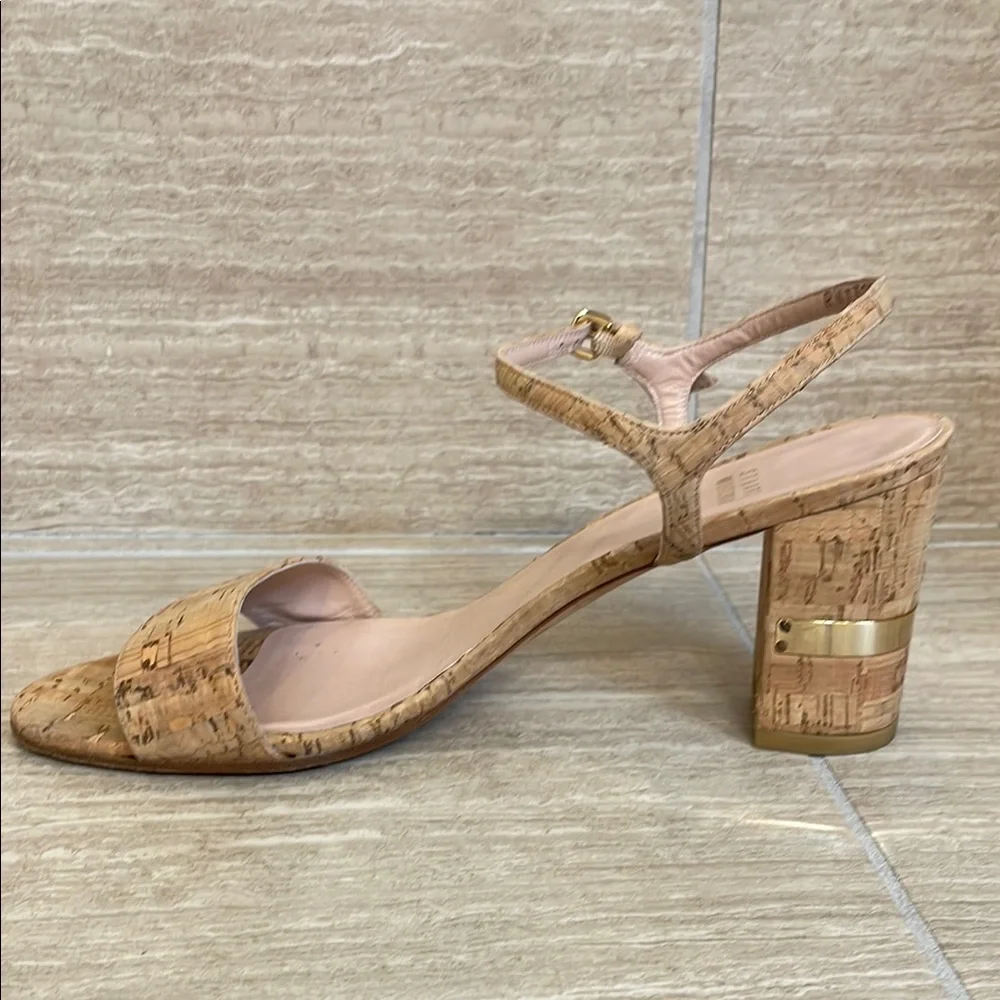 STUART WEITZMAN UGC Women’s Size 9.5 Tan Cork Block Heel Sandals Buckle - Picture 10 of 17
